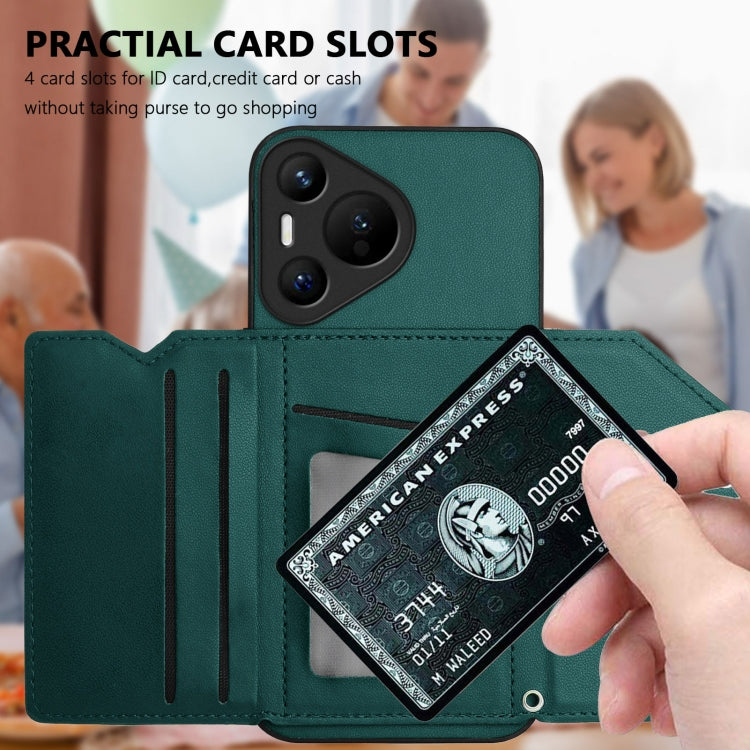 Funda para Teléfono Huawei Pura 70 Skin Feel con 4 Ranuras para Tarjetas y Correa para Muñeca (Verde)