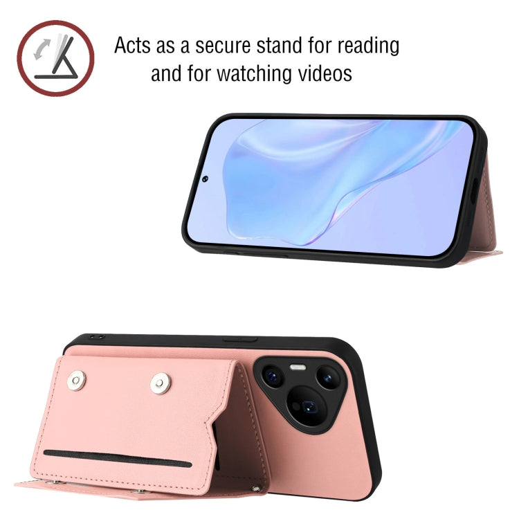 Funda para Huawei Pura 70 Pro con 4 Ranuras para Tarjetas y Correa para Muñeca (Rosa)