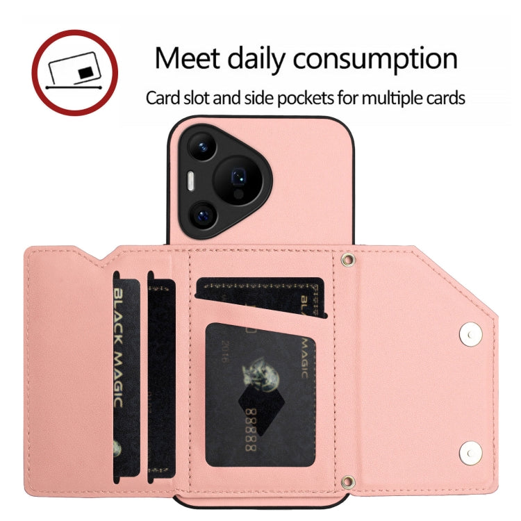 Funda para Huawei Pura 70 Pro con 4 Ranuras para Tarjetas y Correa para Muñeca (Rosa)