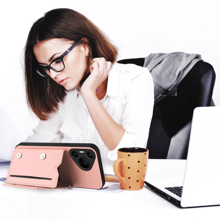 Funda para Huawei Pura 70 Pro con 4 Ranuras para Tarjetas y Correa para Muñeca (Rosa)