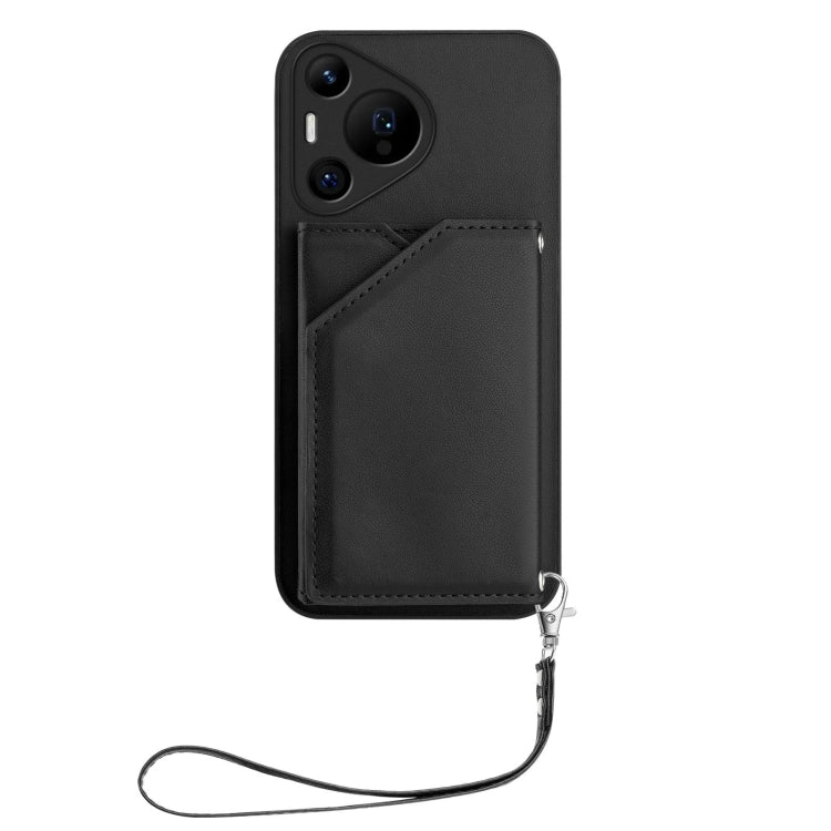 Funda para Huawei Pura 70 Pro con 4 Ranuras para Tarjetas y Correa para Muñeca (Negra)