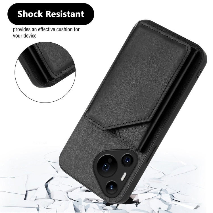 Funda para Huawei Pura 70 Pro con 4 Ranuras para Tarjetas y Correa para Muñeca (Negra)