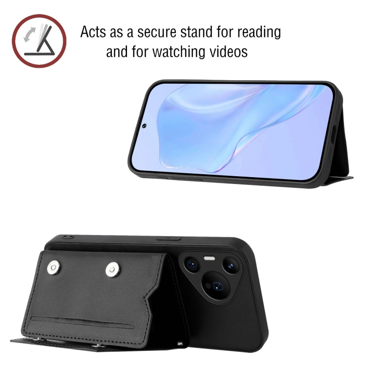 Funda para Huawei Pura 70 Pro con 4 Ranuras para Tarjetas y Correa para Muñeca (Negra)