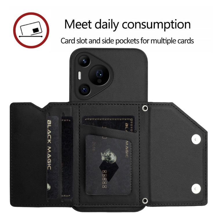 Funda para Huawei Pura 70 Pro con 4 Ranuras para Tarjetas y Correa para Muñeca (Negra)