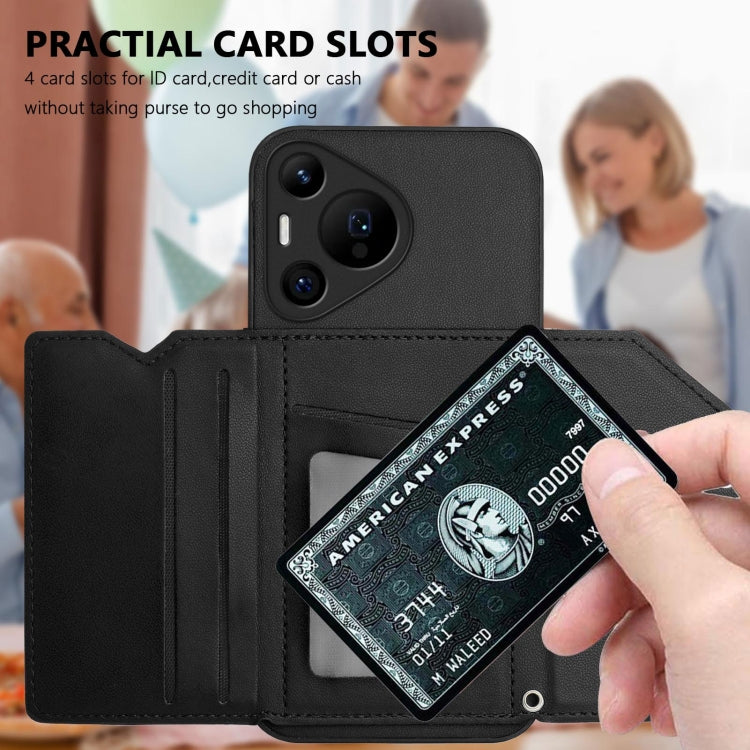 Funda para Huawei Pura 70 Pro con 4 Ranuras para Tarjetas y Correa para Muñeca (Negra)