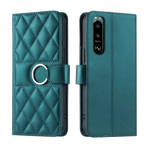 Funda de Cuero para Sony Xperia 5 III con Forma de Rombo y Hebilla de Anillo (Verde)