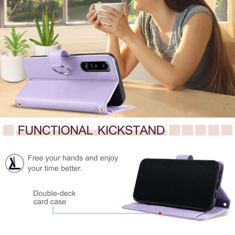 Funda de Cuero Sony Xperia 5 III con Diseño Rombal y Hebilla de Anillo (Morado)