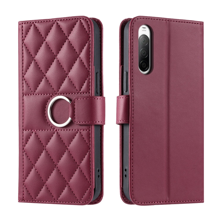 Funda de Cuero para Sony Xperia 10 III con Forma de Rombo y Hebilla de Anillo (Roja)
