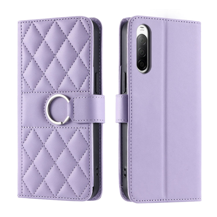 Funda de Cuero con Hebilla de Anillo y Diseño Rombal para Sony Xperia 10 III (Morado)