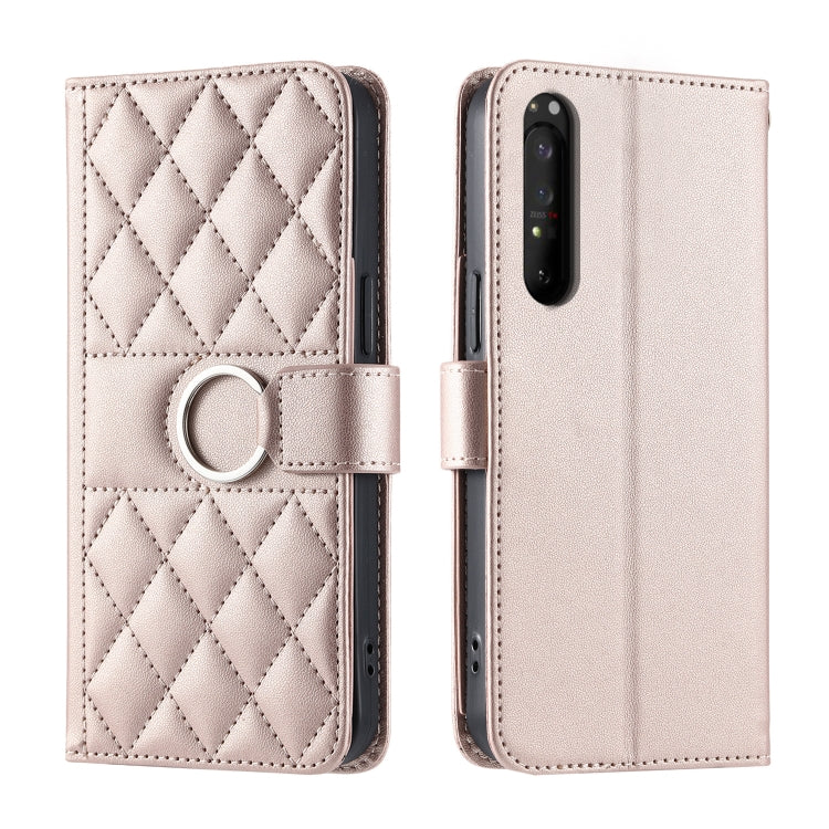 Funda de Cuero con Diseño Rombal y Hebilla de Aro para Sony Xperia 1 Iv (Oro Rosa)