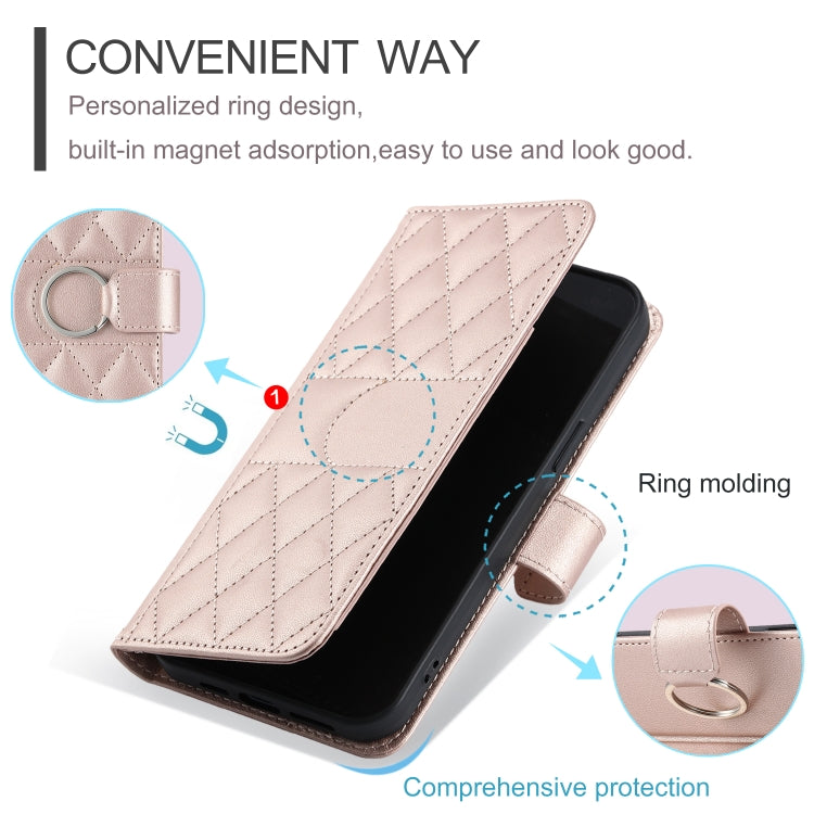 Funda de Cuero con Diseño Rombal y Hebilla de Aro para Sony Xperia 1 Iv (Oro Rosa)