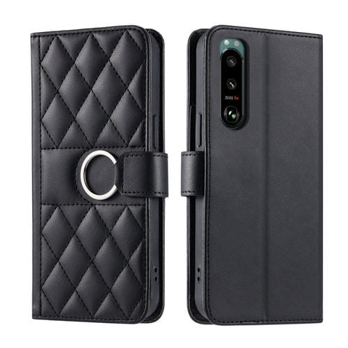 Funda de Cuero para Sony Xperia 5 Iv con Forma de Rombo y Hebilla de Anillo (Negra)