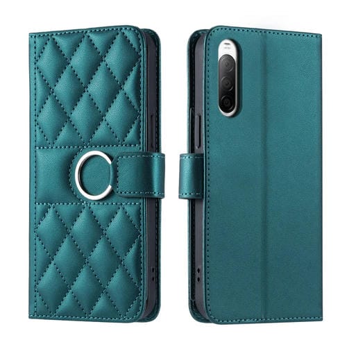 Funda de Cuero para Sony Xperia 10 V con Forma de Rombo y Hebilla de Anillo (Verde)