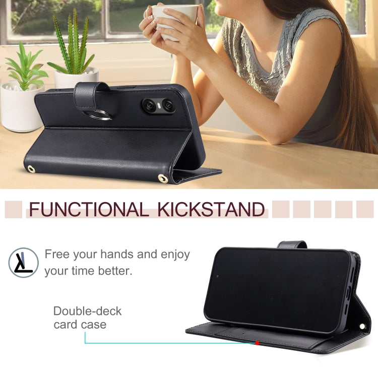 Funda de Cuero con Hebilla de Anillo para Sony Xperia 5 Vi (2024) (Negra)