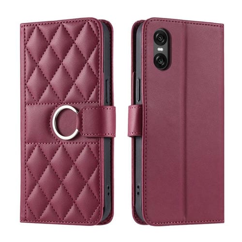 Funda de Cuero para Sony Xperia 5 con Diseño Rómbico y Hebilla en Forma de V (Roja)