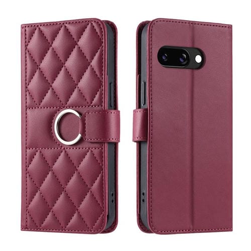 Funda de Cuero con Diseño Rómbico y Hebilla de Anillo para Google Pixel 9A (Roja)