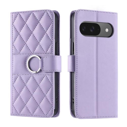 Funda de Cuero con Diseño Rómbico y Hebilla de Anillo para Google Pixel 9/9 Pro (Morado)