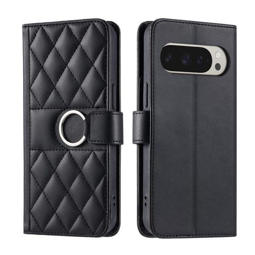 Funda de Cuero con Diseño Rómbico y Hebilla para Google Pixel 9 Pro XL (Negra)