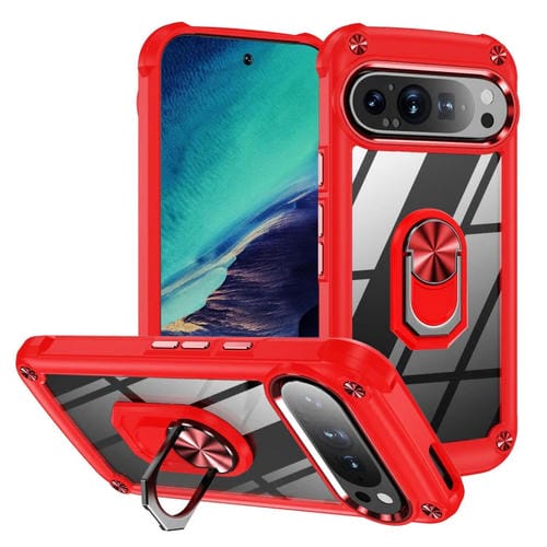 Funda Protectora de Lente TPU + PC para Google Pixel 9 y 9 Pro con Soporte para Anillo (Rojo)