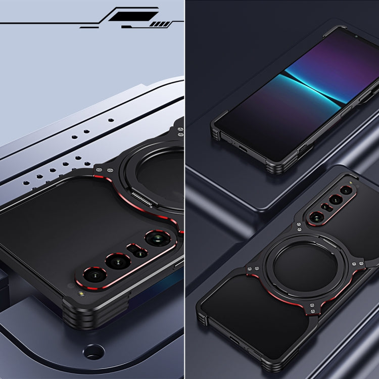 Funda metálica con soporte MagSafe sin bordes y brazo mecánico para Sony Xperia 1 VII (negro y morado)