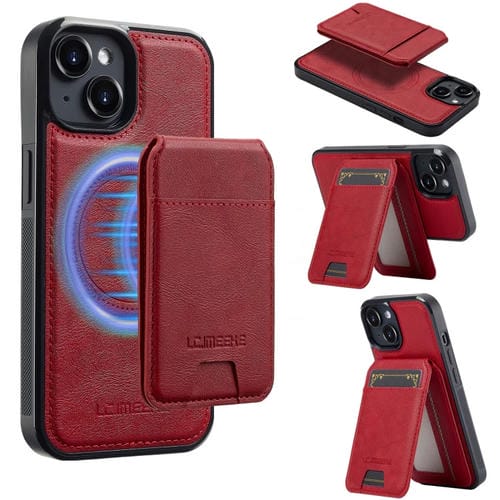Funda para Teléfono Lc.Imeeke Serie L3 con Tarjetero Rfid Desmontable y Magsafe para iPhone 15 Plus/14 Plus (Roja)