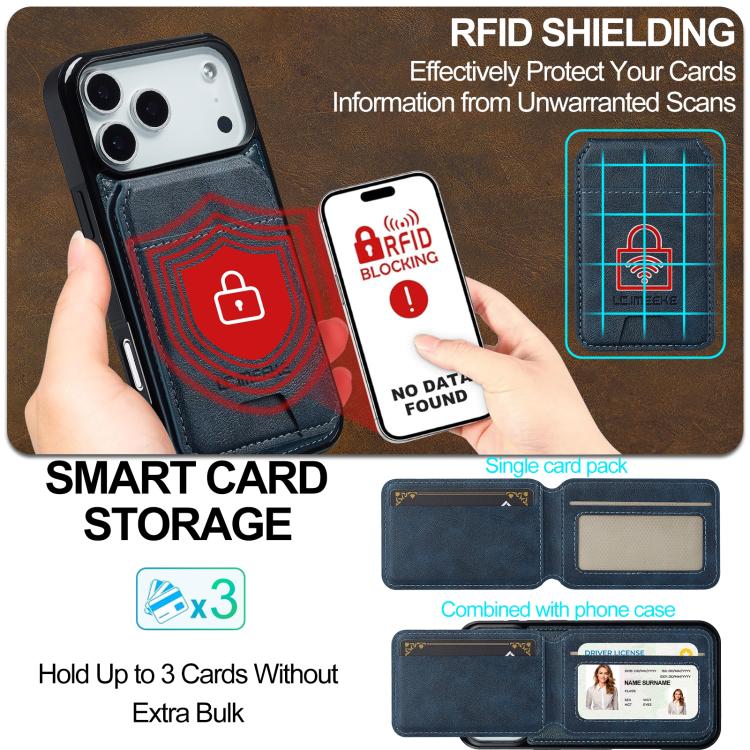 Funda para iPhone 17 Pro Max LC.IMEEKE L3 Series con tarjetero RFID desmontable y Magsafe (azul)
