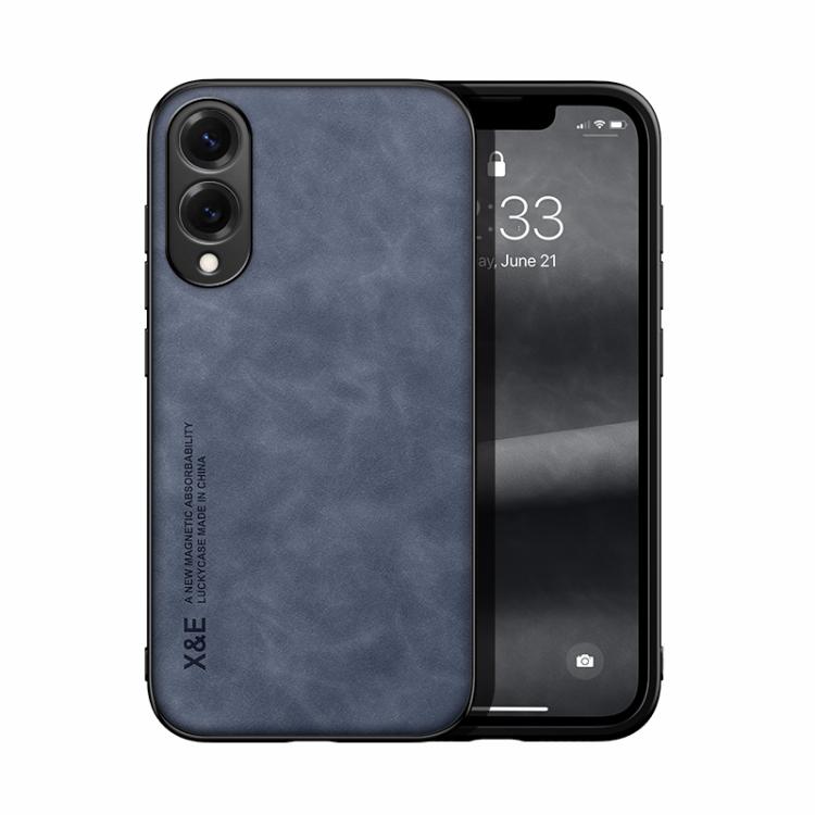 Funda de cuero magnética con textura de piel para Samsung Galaxy S25 Edge 5G (azul)