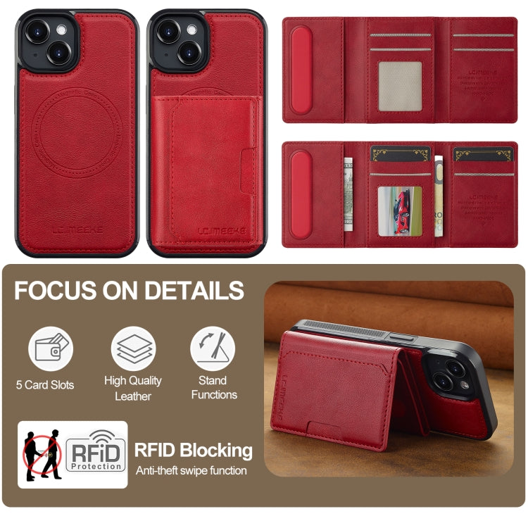 Funda para Teléfono Lc.Imeeke Serie L5 con Tarjetero Rfid Desmontable y Magsafe para iPhone 15 Plus/14 Plus (Roja)