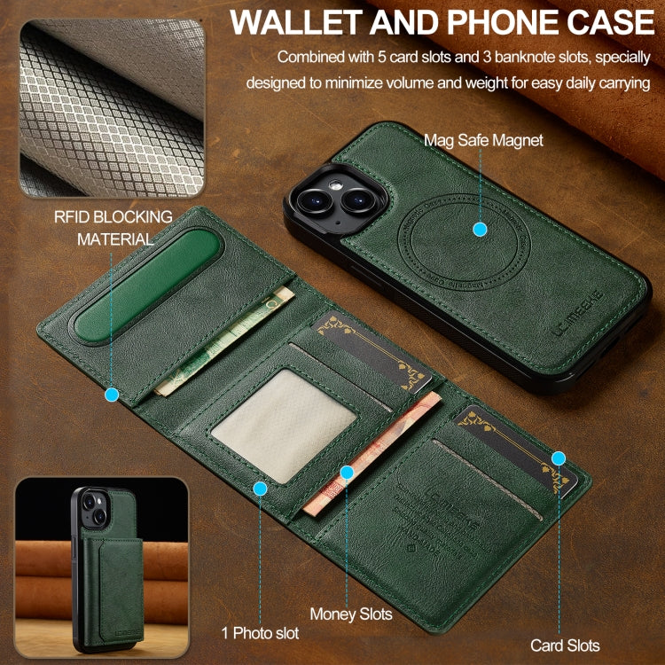 Funda teléfono Lc.Imeeke Serie L5 con funda tarjeta RFID desmontable Magsafe para iPhone 14/13 (Verde)