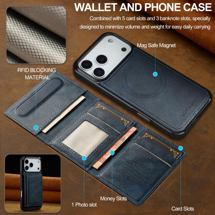 Funda para iPhone 17 Pro Max LC.IMEEKE L5 Series con tarjetero RFID desmontable y Magsafe (azul)