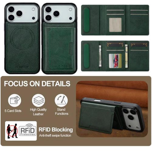 Funda para iPhone 17 Pro Max LC.IMEEKE L5 Series con tarjetero RFID desmontable y Magsafe (verde)