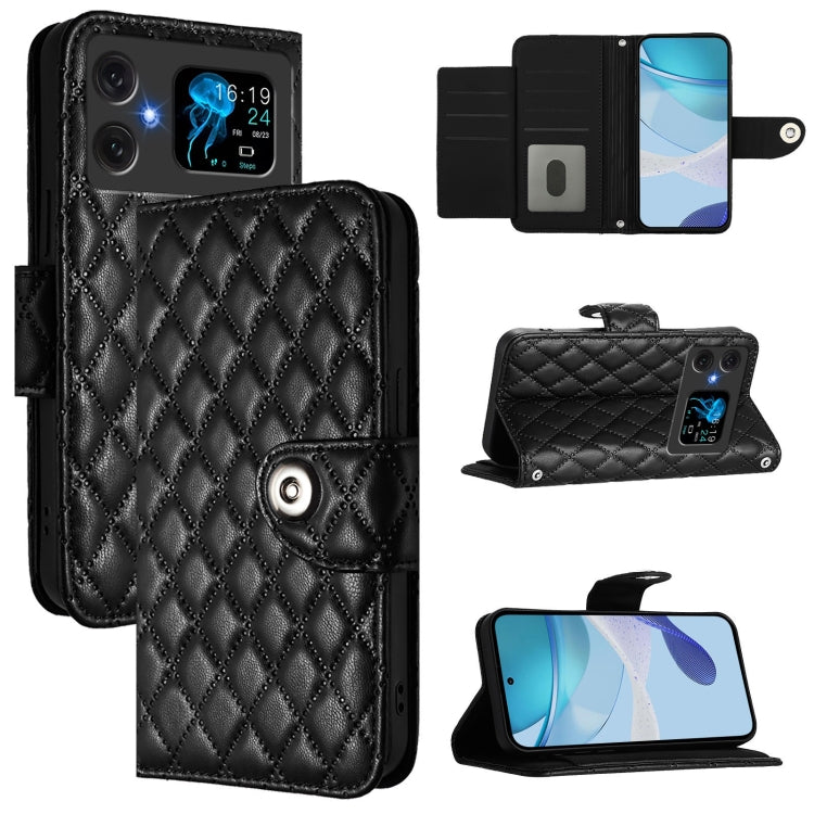 Funda de Cuero con Tapa para Cubot A20 con Textura Rombal y Cordón (Negro)