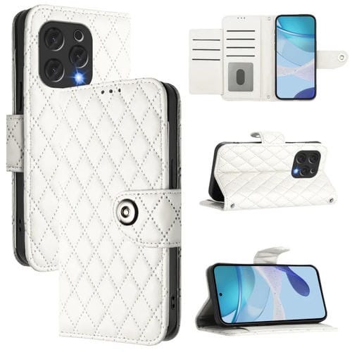 Funda de Cuero con Tapa y Textura Rombal para Doogee N55 Plus con Cordón (Blanco)