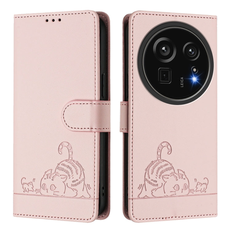 Funda de Cuero RFID con Estampado de Rata y Gato para Sharp Aquos R9 Pro con Cordón (Rosa)