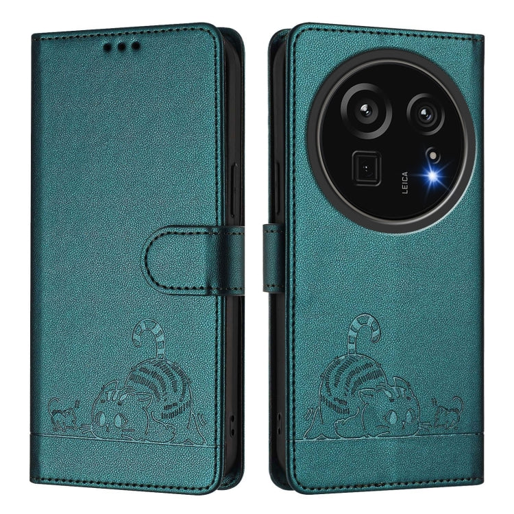 Funda de Cuero RFID para Sharp Aquos R9 Pro con Estampado de Rata y Gato en Relieve y Cordón (Verde Pavo Real)