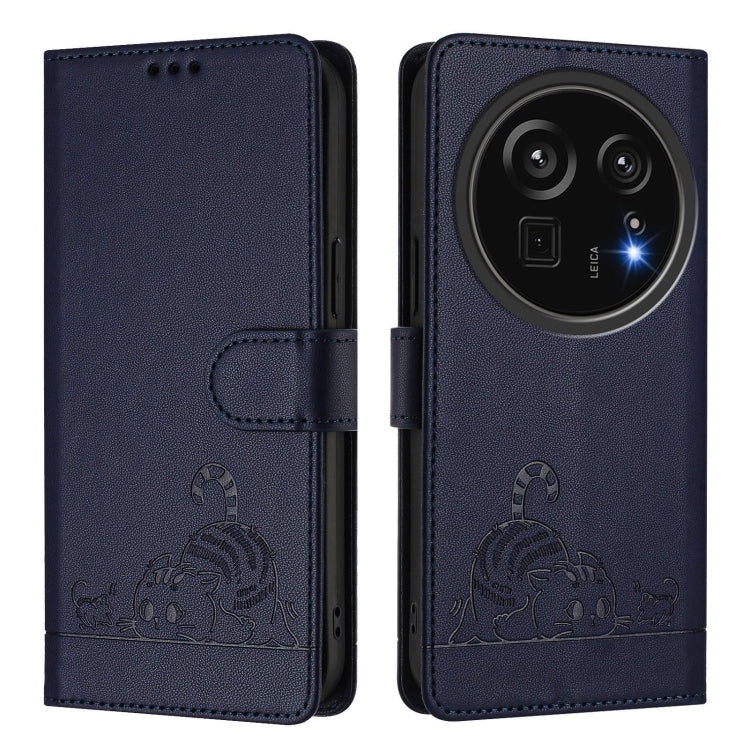 Funda de Cuero Rfid para Sharp Aquos R9 Pro con Estampado de Rata y Gato en Relieve y Cordón (Azul)