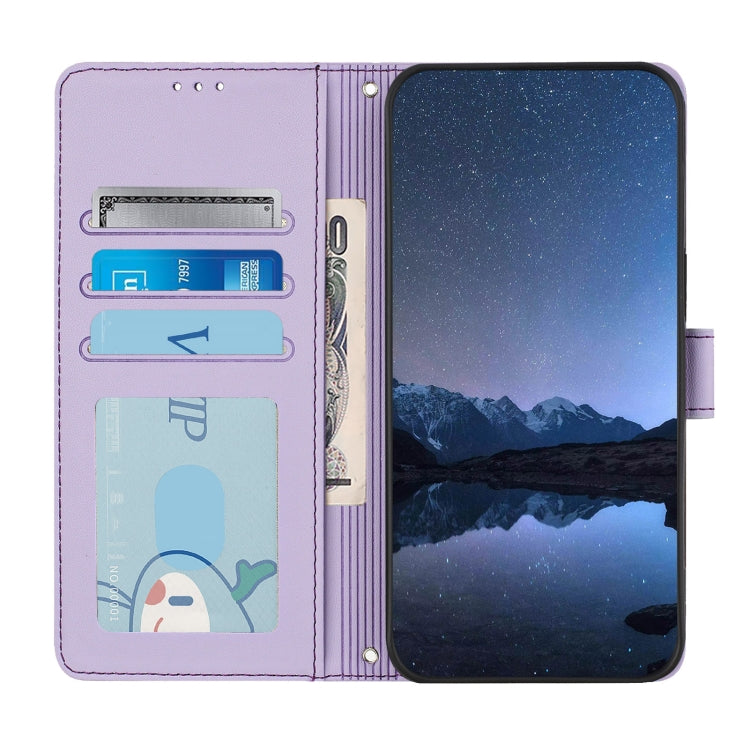 Funda de Cuero Rfid para Sharp Aquos Sense9 Plus con Estampado de Rata y Gato En Relieve y Cordón (Morado)