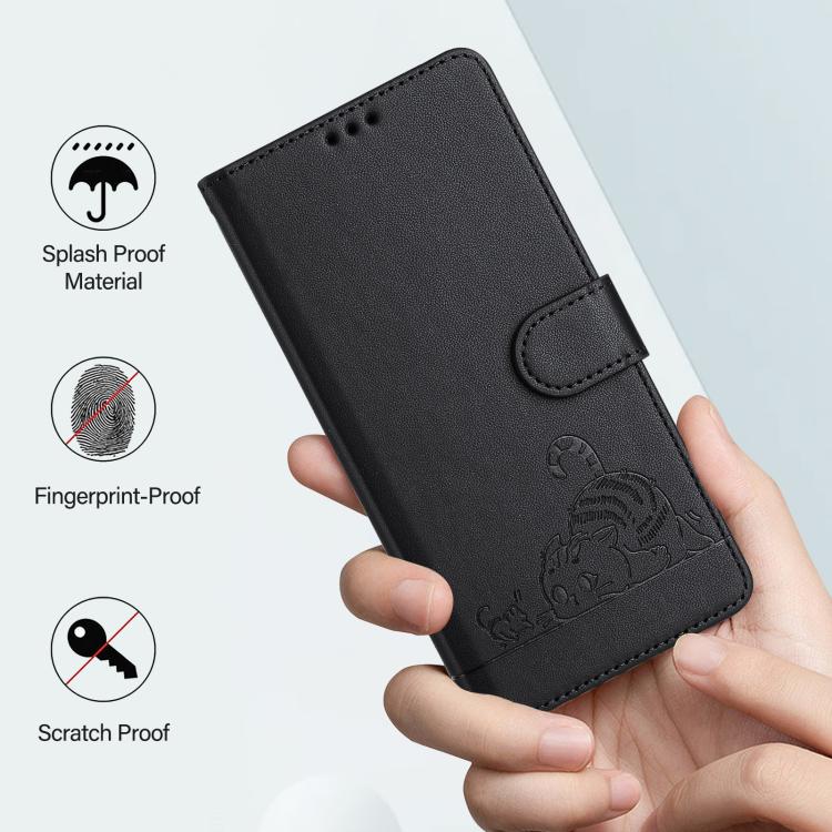 Funda de Cuero Rfid para Sharp Basio Active 3 con Patrón En Relieve de Gato y Rata y Cordón (Negro)