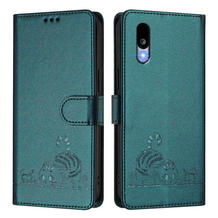 Funda de Cuero Rfid para Sharp Basio Active 3 con Cordón Estampado Rata y Gato (Verde Pavo Real)