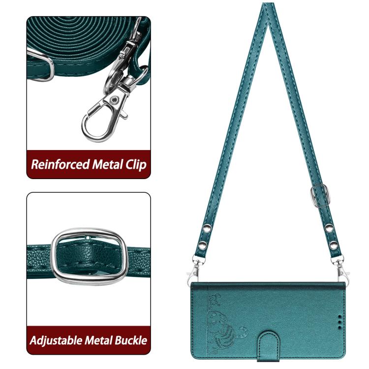 Funda de Cuero Rfid para Sharp Basio Active 3 con Cordón Estampado Rata y Gato (Verde Pavo Real)
