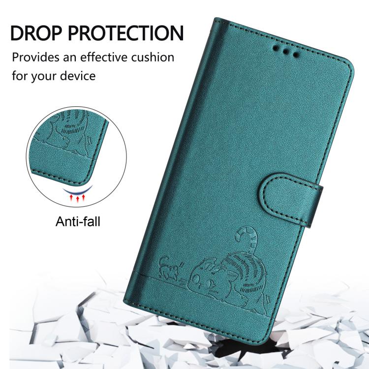 Funda de Cuero Rfid para Sharp Basio Active 3 con Cordón Estampado Rata y Gato (Verde Pavo Real)
