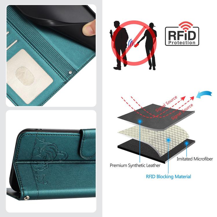 Funda de Cuero Rfid para Sharp Basio Active 3 con Cordón Estampado Rata y Gato (Verde Pavo Real)