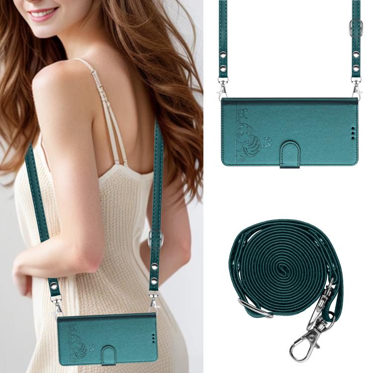 Funda de Cuero Rfid para Sharp Basio Active 3 con Cordón Estampado Rata y Gato (Verde Pavo Real)