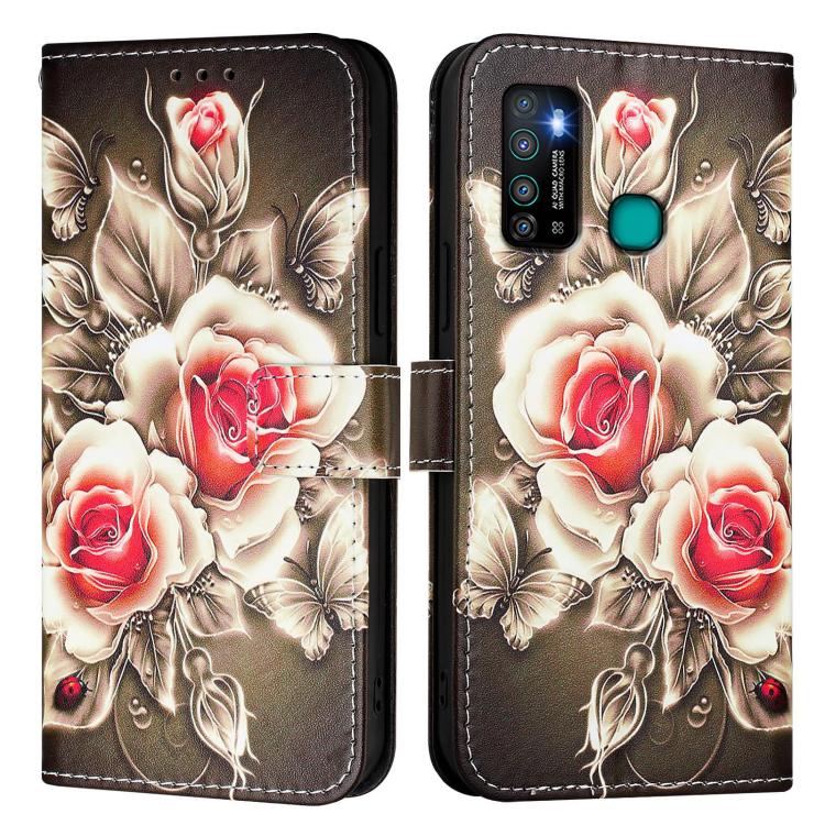 Funda de Cuero para Infinix Hot 9 y Hot 9 Pro con Patrón de Dibujo de Colores (Rosas Sobre Negro)