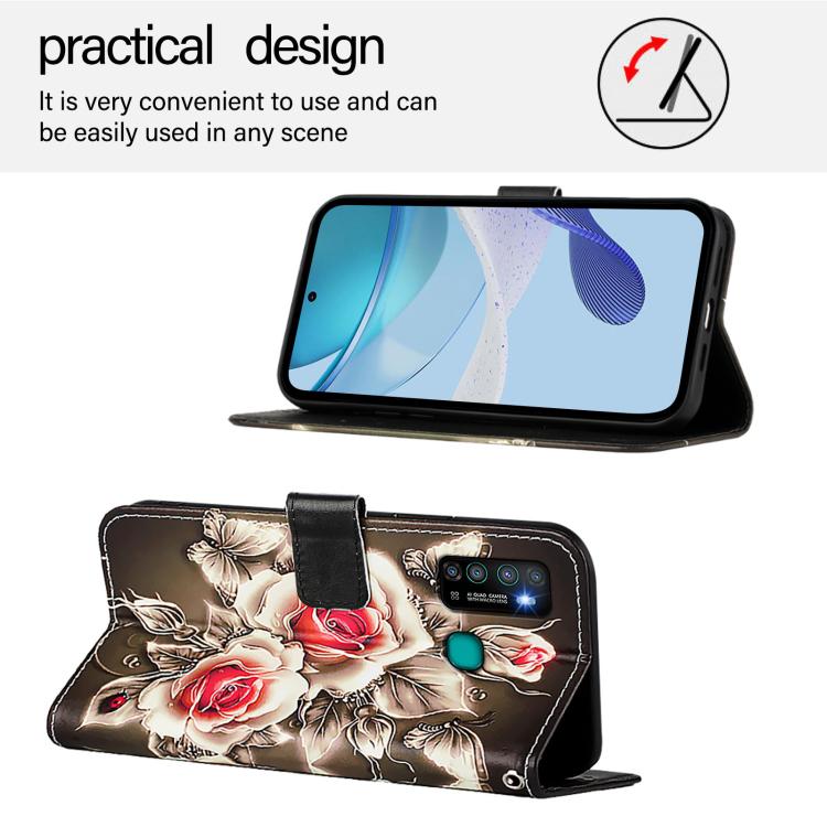 Funda de Cuero para Infinix Hot 9 y Hot 9 Pro con Patrón de Dibujo de Colores (Rosas Sobre Negro)