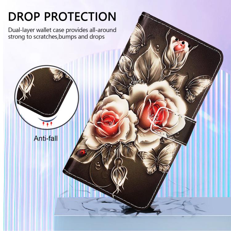 Funda de Cuero para Infinix Hot 9 y Hot 9 Pro con Patrón de Dibujo de Colores (Rosas Sobre Negro)