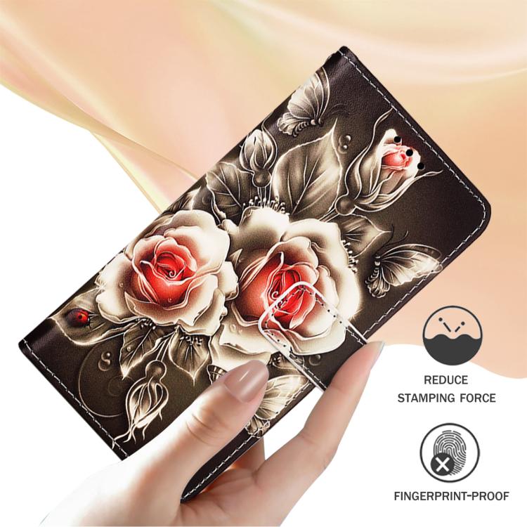 Funda de Cuero para Infinix Hot 9 y Hot 9 Pro con Patrón de Dibujo de Colores (Rosas Sobre Negro)