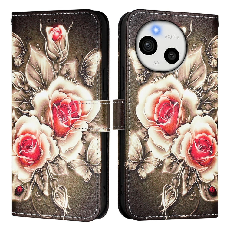 Funda de Cuero para Sharp Aquos Sense9 con Diseño de Dibujos (Rosas Sobre Negro)