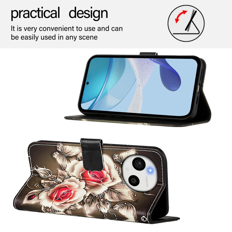 Funda de Cuero para Sharp Aquos Sense9 con Diseño de Dibujos (Rosas Sobre Negro)