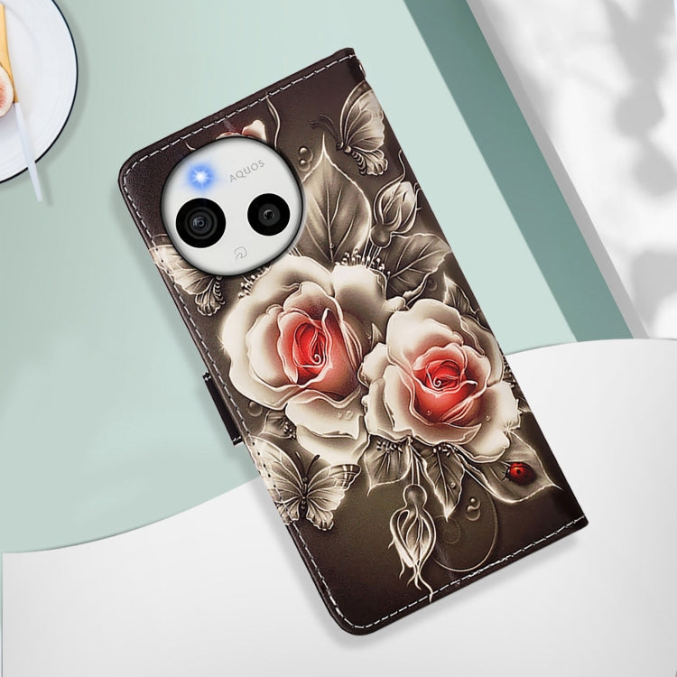 Funda de Cuero para Sharp Aquos Sense9 con Diseño de Dibujos (Rosas Sobre Negro)